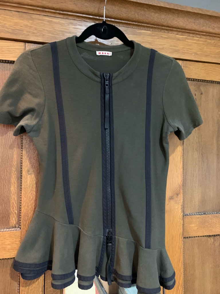 Marni Olive Green Short Sleeve Peplum Zip-Up Top With Black Trim
